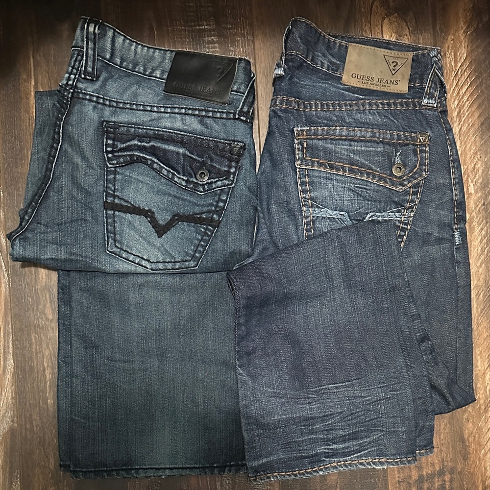 GUESS Men's Dark and Light Blue Jeans